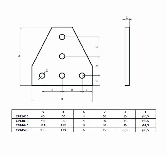 3030 T-shaped connection plate in anodized aluminum with 5 holes