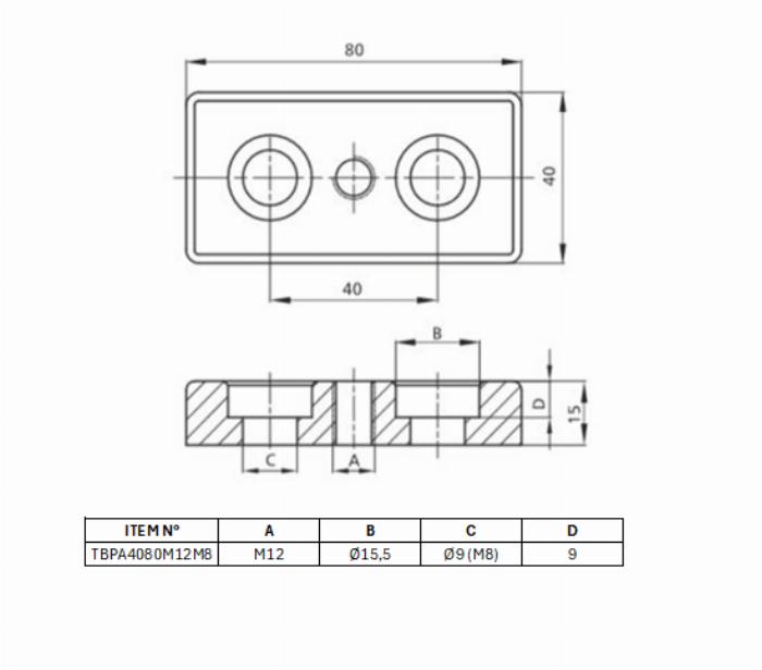 Transport and Base Plate Aluminium 40x80 [M12] for mounting adjustable feet, castors, hooks....