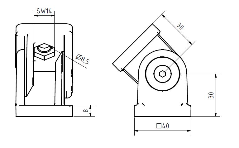 La articulación 40 I-Type R8 fabricada en aluminio inyectado requiere 2 tornillos M8x25 para el núcleo, 2 tornillos M8x12 (opcional)