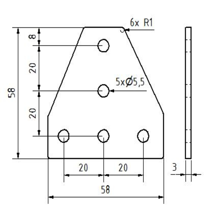 T connector plate 58x58x3, Laser cut