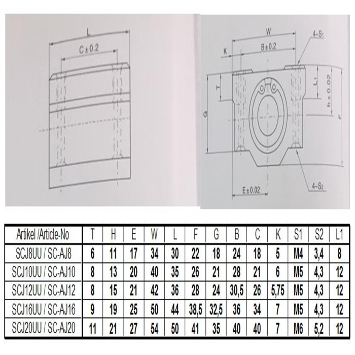 Linear bearing 10mm SCJ10UU with adjustable clearance. The housing with 4 fixing screw thread the mechanical complexity,