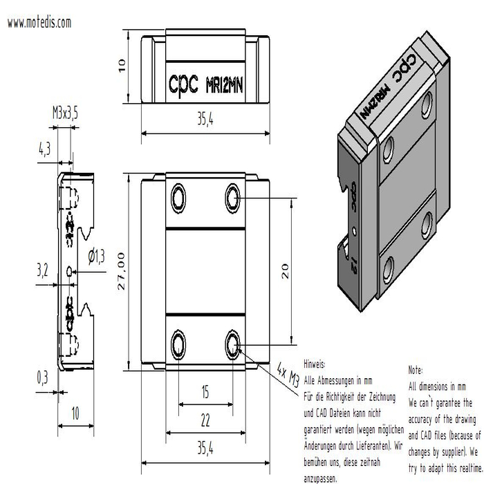 Diseño compacto y ligero. Guía en miniatura Carro MR12MN-SS-V0-N 