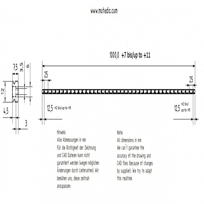 Guía lineal de acero inoxidable Miniatura MR12M-N, L = ~1000mm
