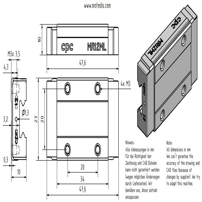 Guía carro deslizante en miniatura MR12ML-SS-V0-N material acero inoxidable.