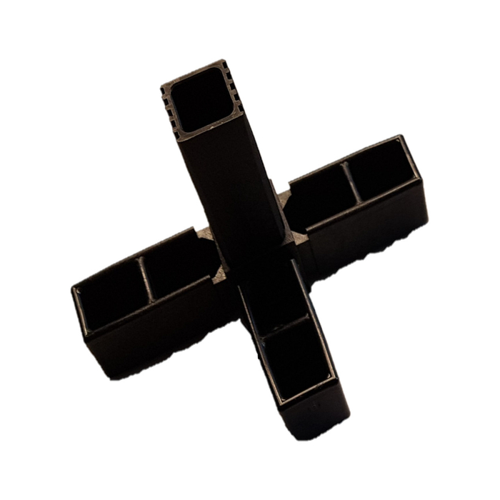 Conector enchufable 3D4 fabricado en PA para tubo cuadrado 25x25x1,5. Longitud de los brazos: 49 mm. Conector de una pieza
