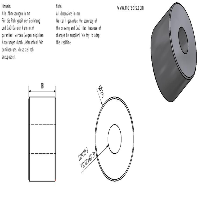 Ofrecemos esta Tuerca plomo trapezoidal TR12X6P3 R plástico - cilíndrico  tolerancia 7H