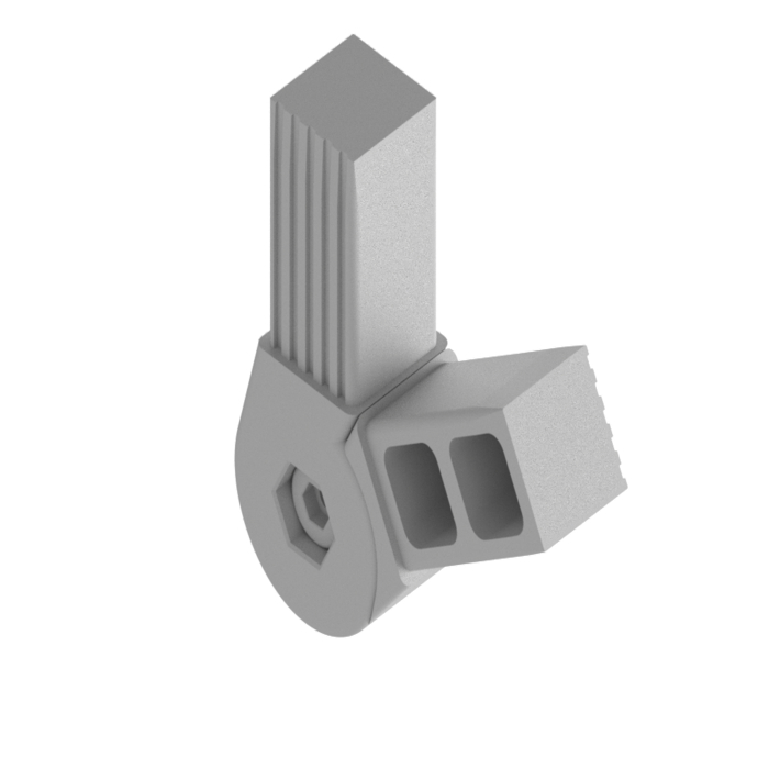 Conector enchufable con junta 60° 2D2 fabricado en PA para tubo cuadrado 25x25x1,5. Conector bidimensional de 2 vías con junta 60°