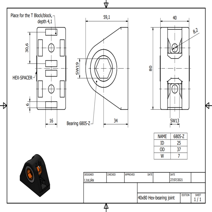 Hexagonal joint with bearing 40x80