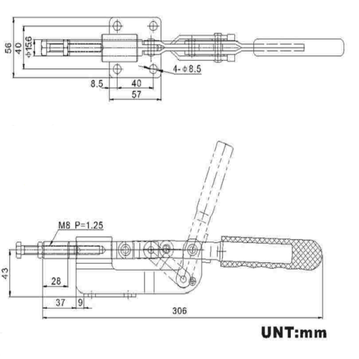 Power clamp with horizontal lever,hole spacing 40x40