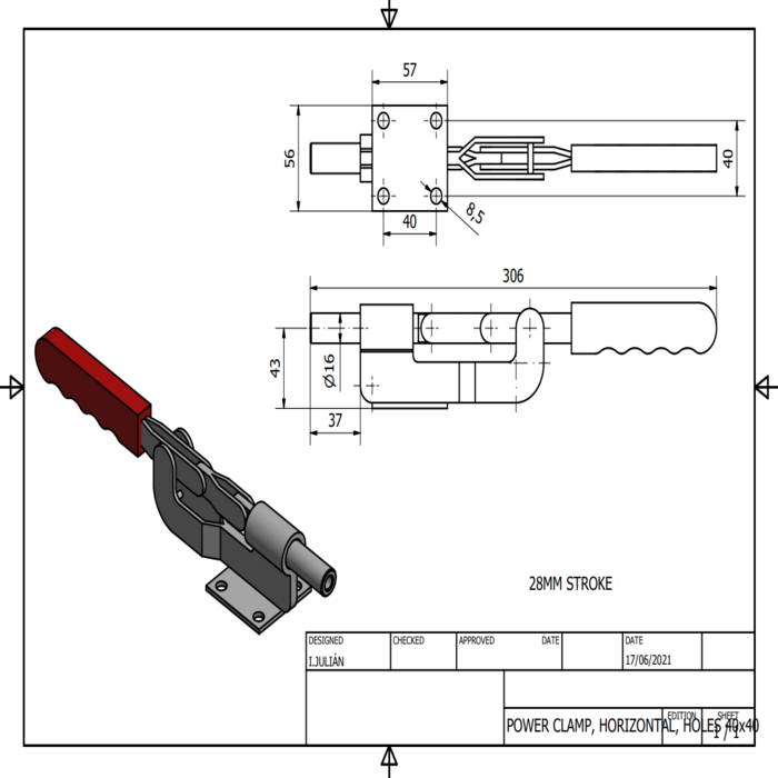 Power clamp with horizontal lever,hole spacing 40x40