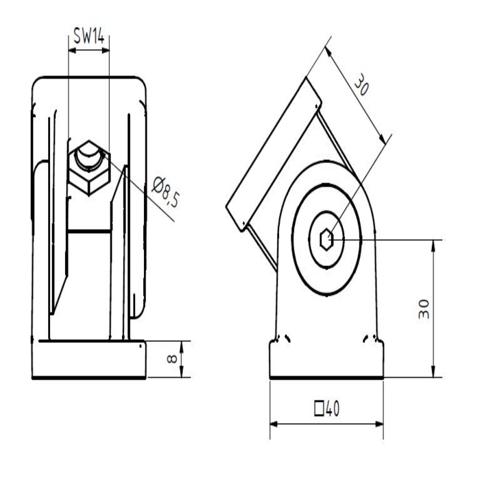 La articulación 40 I-Type R8 fabricada en aluminio inyectado requiere 2 tornillos M8x25 para el núcleo, 2 tornillos M8x12 (opcional)