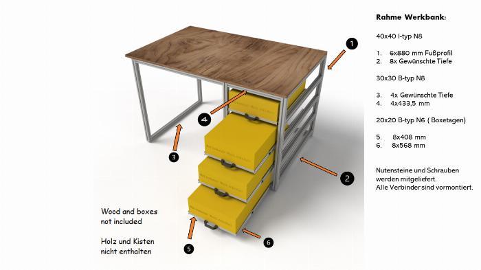 Preconfigured workbench with telescopic slide with aluminum profiles